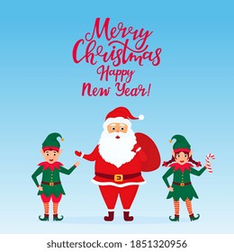 Santa Claus with a bag of gifts and little elves. Greeting card for New Year and Christmas