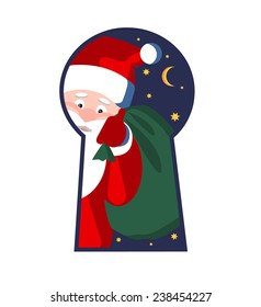 Santa Claus with a bag of gifts, looking through the keyhole