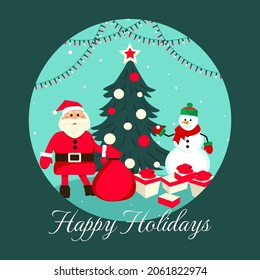 Santa Claus with a bag of gifts near the Christmas tree. Vector illustration.