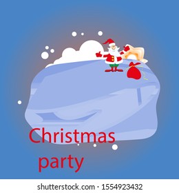 Santa Claus with a bag of gifts on an ice floe on the background of the rising sun.