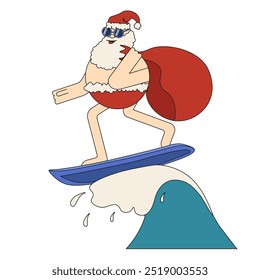 Santa Claus with bag of gifts on the surfboard isolated transparent. Christmas coming to Hawaii. Christmas all around concept. Vector illustration. Editable stroke. EPS10