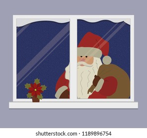 Santa Claus with a bag of gifts outside the window. There is also a flower poinsettia on the windowsill. It can be used as a design element in Christmas composition. Vector image