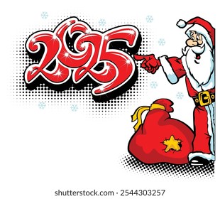 Santa Claus with a bag of gifts points to the year 2025. Template for the design of a New Year's card, invitation. Vector on a transparent background