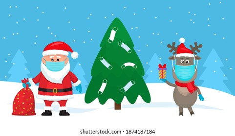 Santa Claus with a bag of gifts and a reindeer near the Christmas tree decorated with medical masks. christmas during covid 19 in the forest. vector illustration