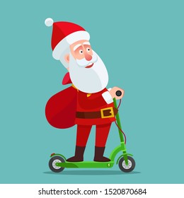 Santa Claus with a bag of gifts rides on electric scooter. Christmas rush. Vector illustration, flat design, cartoon style. Isolated background.