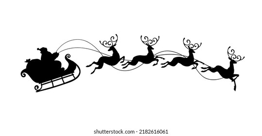 Santa Claus con una bolsa de regalos recorriendo un trineo con reno, silueta vectorial negra aislada en fondo blanco. Ilustración plana de Navidad para diseño, pegatina de ventana.