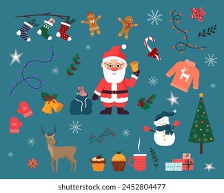 Santa Claus with a bag of gifts. Set for Christmas and New Year. Gingerbread men and snowman, sweater with deer. Gifts and socks, garlands and Christmas tree decorations. Vector.