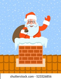 Santa Claus with bag of gifts sits in a chimney on a roof. Cartoon vector illustration. Cute character pose. Snow day background. Humor Greeting card design
