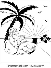 Santa Claus with a bag of gifts sitting under a palm tree