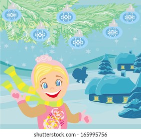 santa claus with a bag of gifts and smiling little girl 