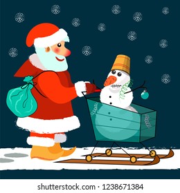 Santa Claus with a bag of gifts and a snowman in a trolley. Vector illustration