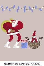 Santa Claus with a bag of gifts with a snowman, a gift box and a garland.