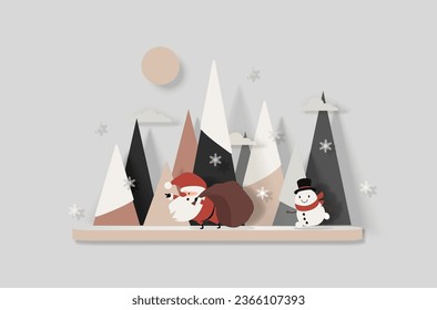 Santa Claus con una bolsa de regalos y un muñeco de nieve se apresura para Navidad con el telón de fondo de un bosque nevado. Estilo de corte de papel. Ilustración aislada del vector de Navidad.