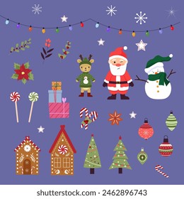 Santa Claus with a bag of gifts. Snowman and deer, gingerbread houses. Garlands of bulbs and sweet candies. Set of elements for Christmas and New Year. Festive mood. Vector. Cartoon characters.