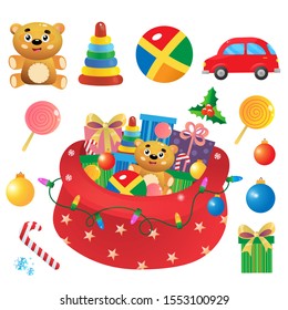 Santa Claus bag with gifts, toys and sweets. Toys set for kids. Toy car. Teddy bear. Ball and toy pyramid. Christmas. New year. Decorative element for postcard. Card for kids
