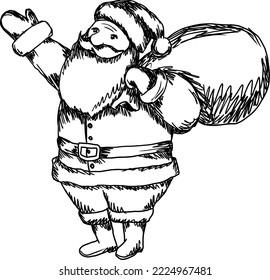 Santa Claus with bag of gifts, vector illustration sketch, isolated line art