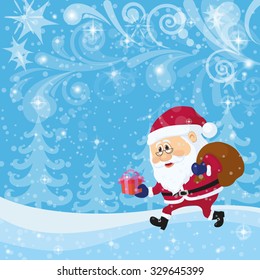 Santa Claus with a Bag of Gifts Walking in Winter Forest, Christmas Cartoon. Eps10, Contains Transparencies. Vector