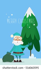 Santa Claus with a bag of gifts waving.Santa Claus in a pine forest .New Year illustration. New Year character. Vector illustrations