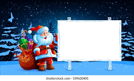 Santa Claus with a bag of gifts worth in the snow and holding a large billboard on the background of a starry sky. Vector. Image. Illustration.