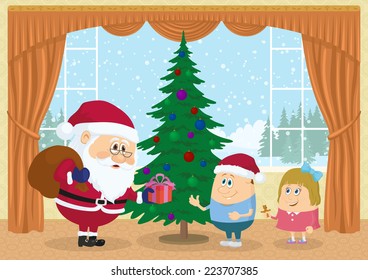 Santa Claus with a bag giving gift box to boy and girl near fir tree in room with view on snowy forest, Christmas holiday illustration, funny cartoon characters. Eps10, contains transparencies. Vector