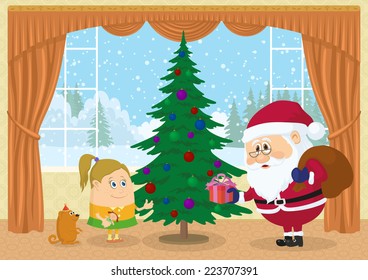 Santa Claus with a bag giving gift box to girl near fir tree in room with view on snowy forest, Christmas holiday illustration, funny cartoon characters. Eps10, contains transparencies. Vector
