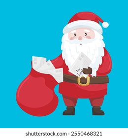 Santa Claus with a bag of greeting cards. Christmas cartoon character for festive holiday design