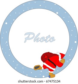 Santa Claus, with a bag in the hands, gets through a frame for a photo.