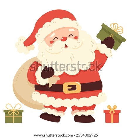 Santa Claus with bag and holfing gift box isolated on white background. Christmas greeting card. Cute cartoon character. Vector illustration.