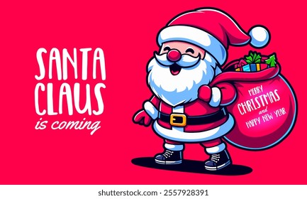 Santa Claus with bag. Santa with huge bag. Funny cartoon Santa Claus with huge red bag with presents. Santa Claus delivery christmas gifts. Great for New Year promotion banners, headers, poster, label