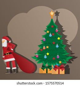 Santa Claus. Santa Claus with a bag. Santa leaves gifts under the Christmas tree. Holiday. Christmas card. Vector illustration