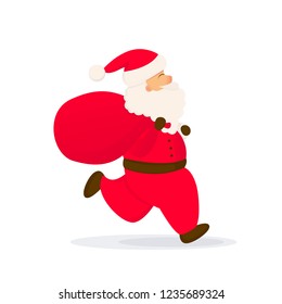 Santa Claus with bag. Merry Christmas vector illustration. Running Santa on white background.