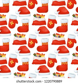 Santa Claus bag mitten stocking gifts christmas holiday seamless pattern surprise vector illustration. Red xmas season surprise celebration package. Red material party greeting box with toys.