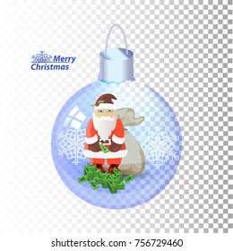 santa claus with a bag of money standing in a glass New Year's ball. vector illustration for your design