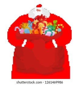 Santa Claus and bag pixel art. New Year big red sack with gifts. Xmas 8bit. Video game Old school Merry Christmas. 