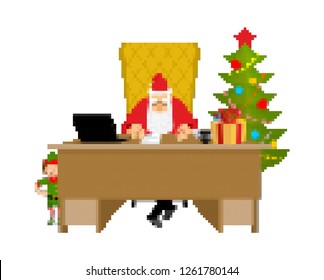 Santa Claus and bag pixel art. New Year big red sack with gifts. Xmas 8bit. Video game Old school Merry Christmas. 