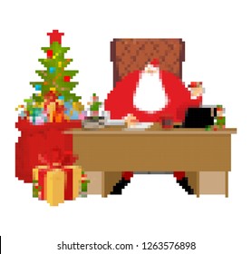 Santa Claus and bag pixel art. New Year big red sack with gifts. Xmas 8bit. Video game Old school Merry Christmas. 