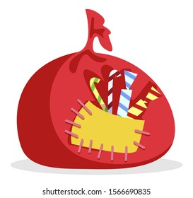 Santa Claus bag with presents for obedient kids. Isolated icon of xmas pouch with patch and candies. Sweets for children on Christmas holidays. Celebration of winter events. Vector in flat style