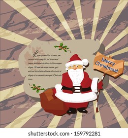 Santa Claus with a bag of presents on a grunge background