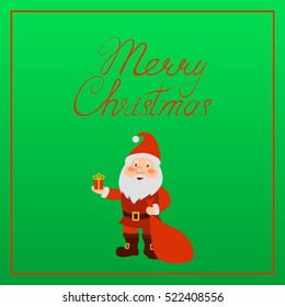 Santa Claus with bag of presents on green background. Merry Christmas greeting card.