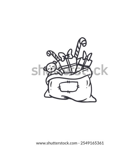 Santa Claus bag, sack full with gifts presents, sweets christmas boxes isolated on white background. Doodle style. Vector