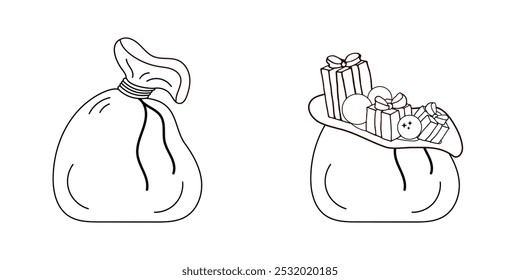 Santa Claus bag, sack with gifts. Black and white vector illustration. Black line style, outline, doodle. New Year, Christmas gifts. Bag tied with rope and bag filled with gift boxes. Coloring book.