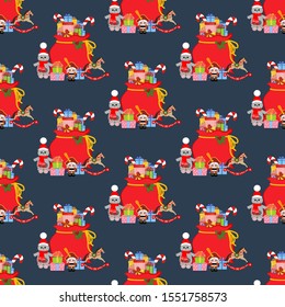 Santa Claus bag seamless pattern on the blue background. Vector illustration