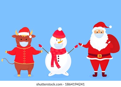 Santa Claus with a bag, a snowman in a scarf and a hat and ox wear protective face masks. Bull symbol of Chinese New Year