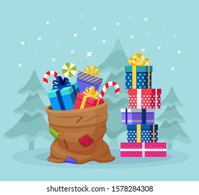 Bolsa Santa Claus con pila, pila de caja de regalo envolver con cinta, arco aislado en el fondo. Sacos de Navidad llenos de regalos, dulces. Venta de Navidad, feliz concepto de año nuevo. Diseño de dibujos animados