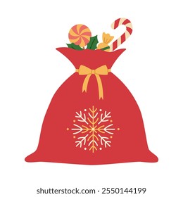 Santa Claus bag with sweets sticking out. Full red Christmas sack with snowflake and bow. Xmas and New Year celebration. Vector flat illustration isolated on white background