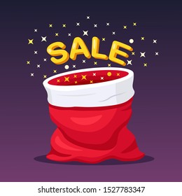 Santa Claus bag with text isolated on background. Sale, best offer concept. Christmas red sack for gift, presents. Vector cartoon design 