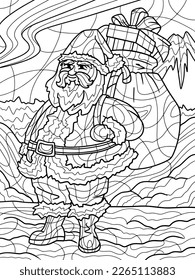 Santa Claus with a bag of toys, gifts. Dense forest. Antistress for children and adults. Illustration on white background.