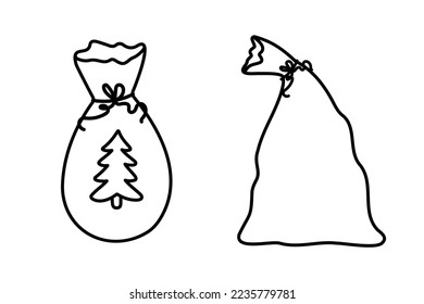 Santa Claus bags doodle. Big Christmas sacks with yellow ribbon. Winter holidays concept. 