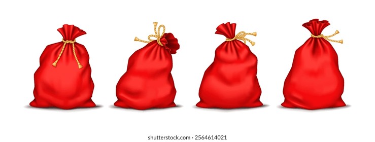 Santa Claus bags full of Christmas gifts realistic color icons set. Festive atmosphere of joyful holiday 3d objects bundle on white background