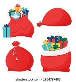 Santa Claus bags with gift boxes, present. Christmas decorative element. Vector illustration in flat style